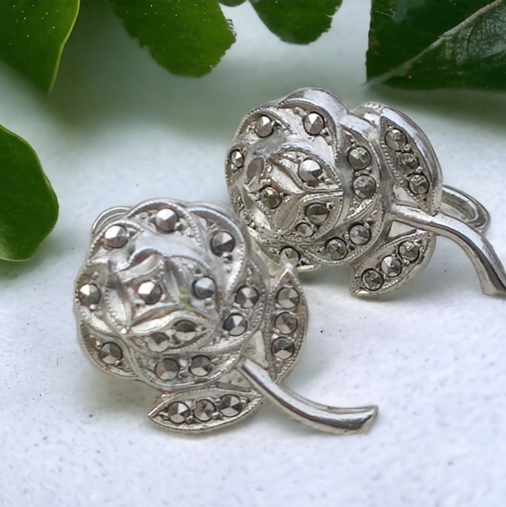 🌹 Antique sterling marcasites rose earrings